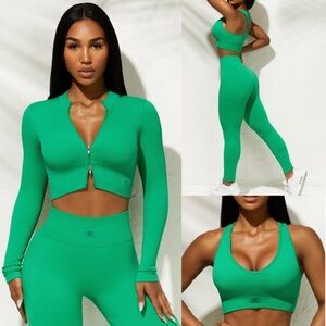3pc Green Bo&Tee SET ribbed fitness activewear gym bra crop top zip up leggings